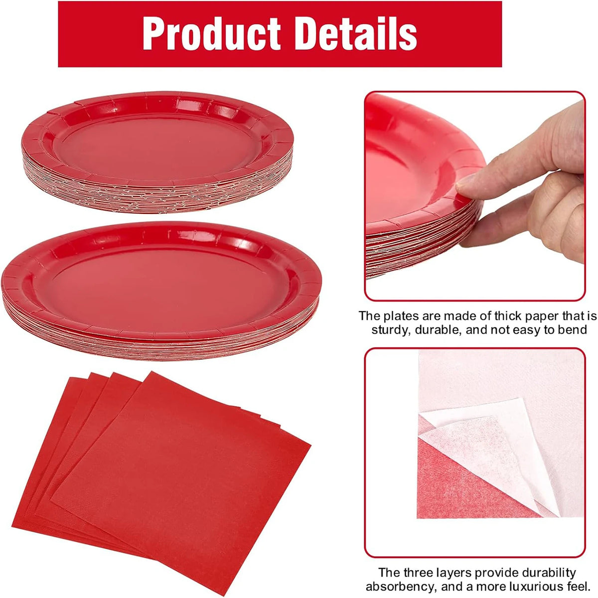 A set of red paper tableware including dinner plates, napkins, and cutlery shown in various views.