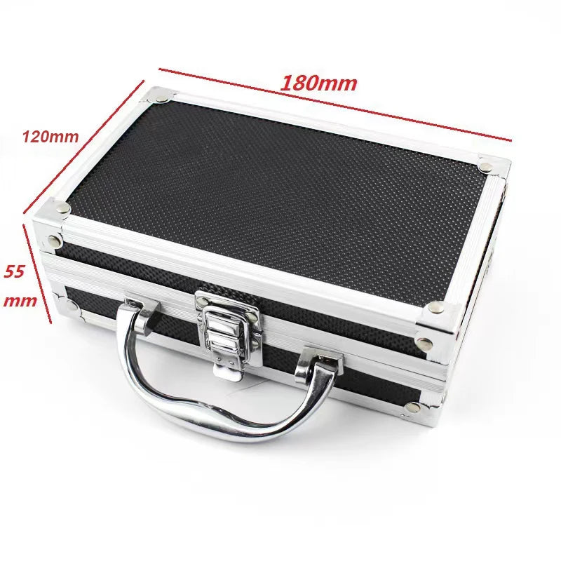 A rectangular aluminum storage box for a tattoo machine with reinforced corners and a handle.
