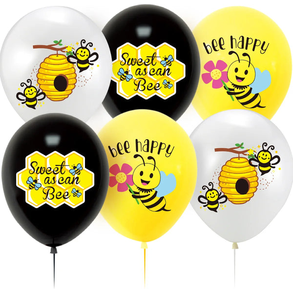A set of nine latex balloons in yellow, white, and black featuring bee designs and happy messages for party decorations.