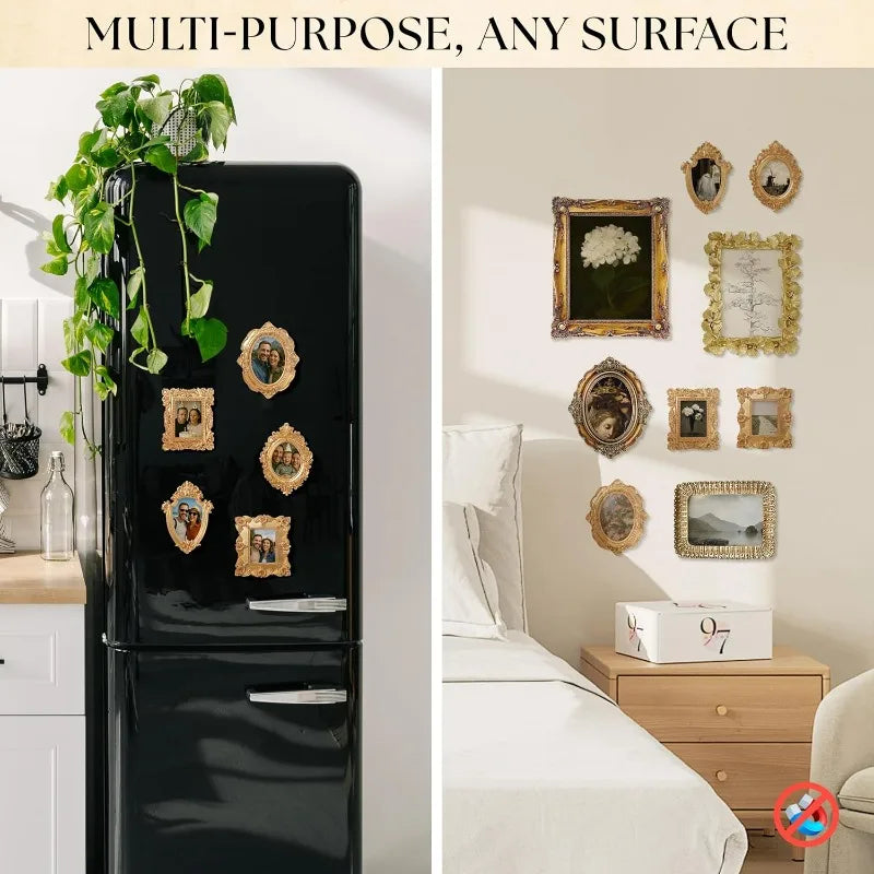 A black multi-purpose resin picture frame set displayed on a wall with various framed artwork.