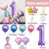 A 33 piece package of mermaid shell and number balloons in purple, pink, and iridescent colors for a party decor set.