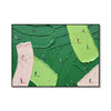 Abstract canvas art depicting a golf scene with figures on green and pink textured backgrounds.