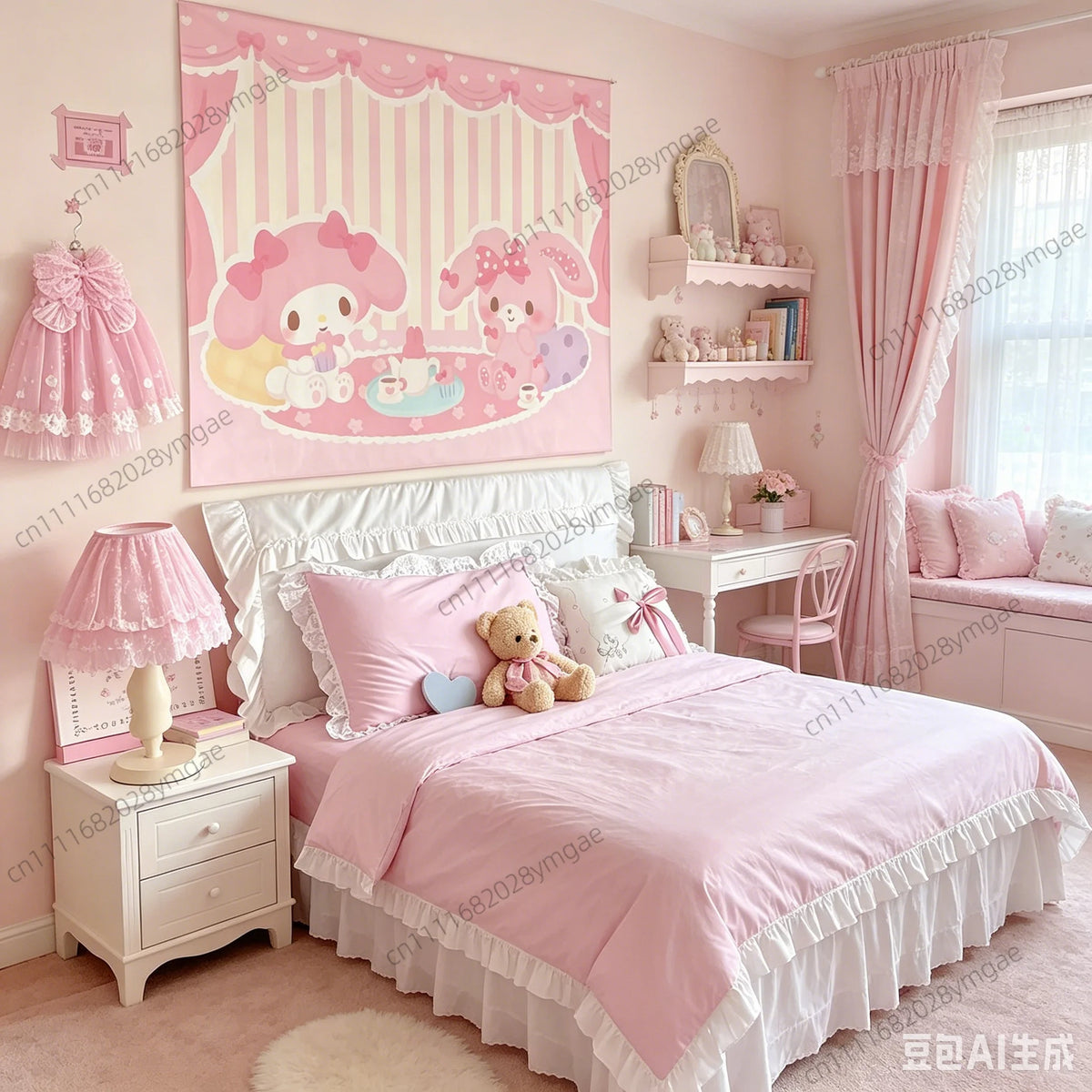 Rosa Schlafzimmer mit Bett und pinker Bettwäsche, flankiert von weißem Holzmöbel und einem großen Wandteppich