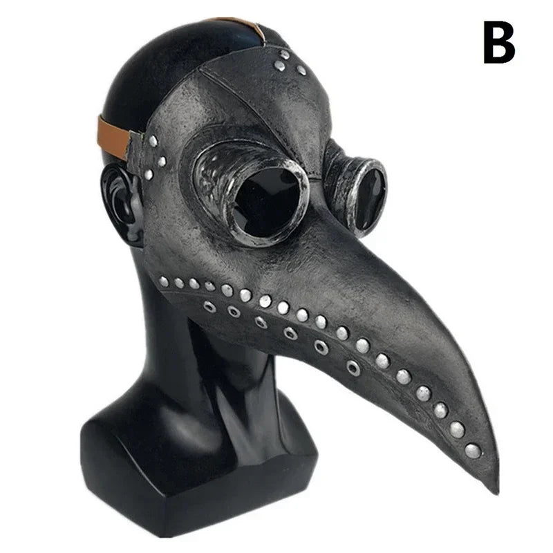 A black plastic mask resembling a plague doctor bird, featuring a long beak and round eye openings.