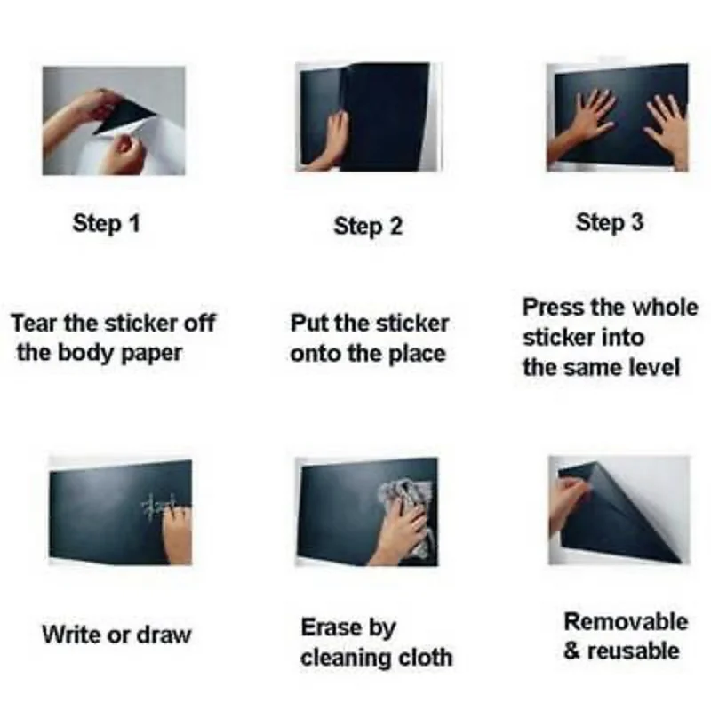 Instructions showing how to tear, place, press, write/draw, and erase a removable self-adhesive chalkboard wall sticker.