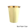 A set of 8 paper cups with gold rims shown against a white background.