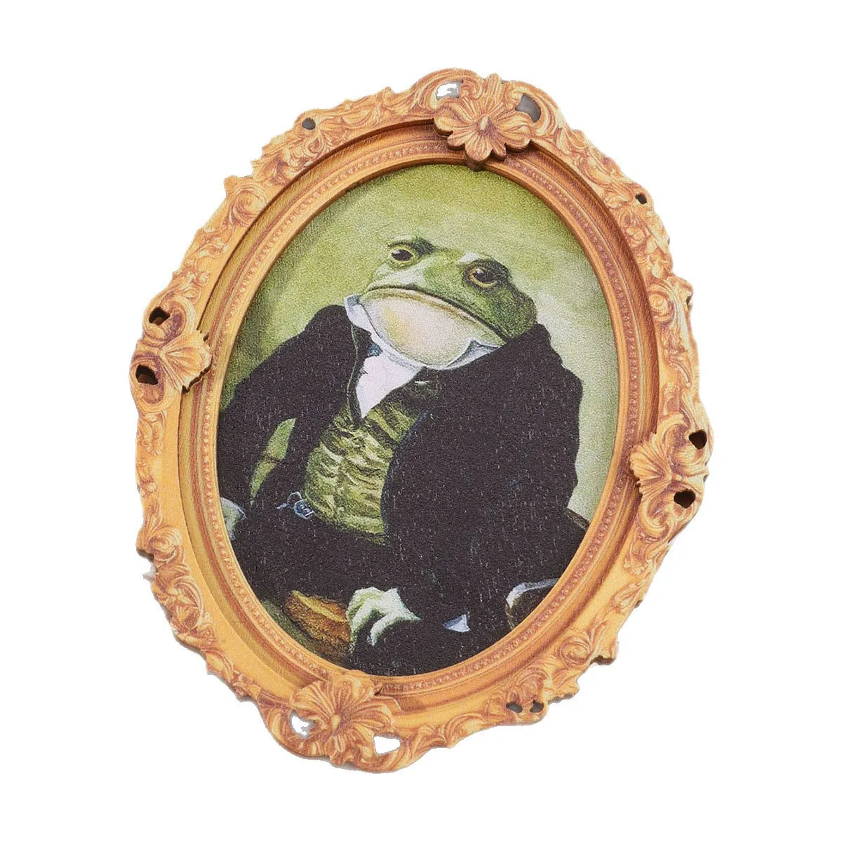 Vintage gentleman frog wooden fridge magnet framed in ornate gold