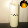 A tall white pillar candle with the dimensions 7.5 by 20 centimeters, shown next to a close-up of a flickering flame.