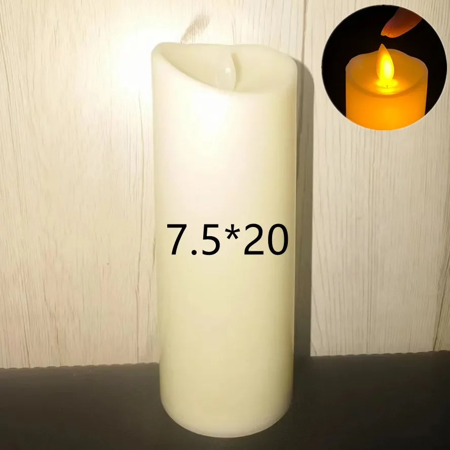A tall white pillar candle with the dimensions 7.5 by 20 centimeters, shown next to a close-up of a flickering flame.