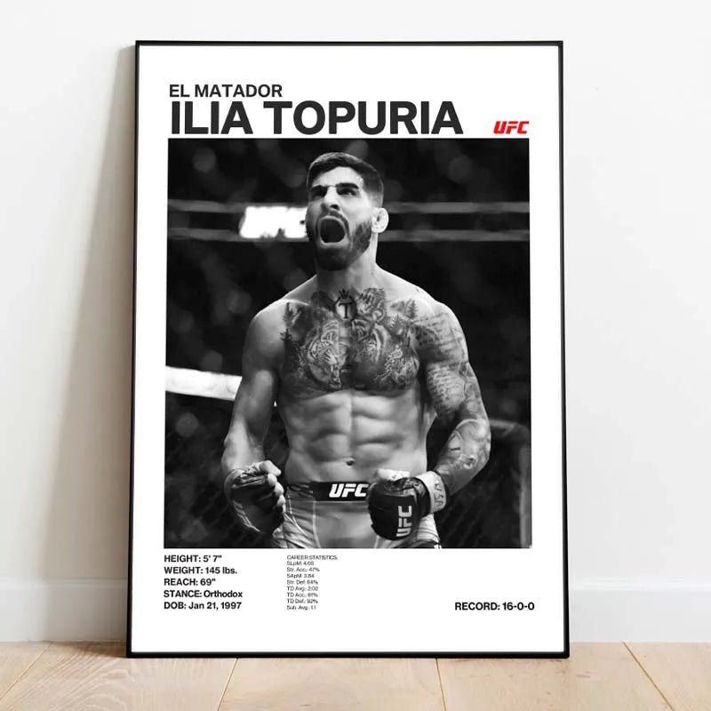 Retrato en blanco y negro del peleador Ilia Topuria para arte de pared de lienzo