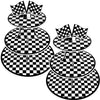 A set of black and white checkered birthday racing car party decorations.