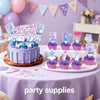 A purple and pink K-Pop themed birthday party supplies set featuring cupcakes, balloons, and a cake.