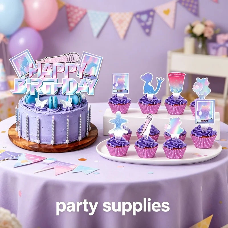 A purple and pink K-Pop themed birthday party supplies set featuring cupcakes, balloons, and a cake.