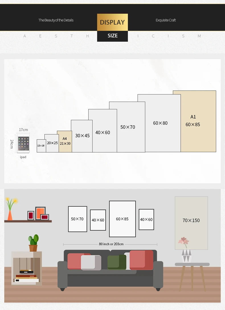 A display chart showing various sizes of canvas prints and a mockup of a print on a sofa.