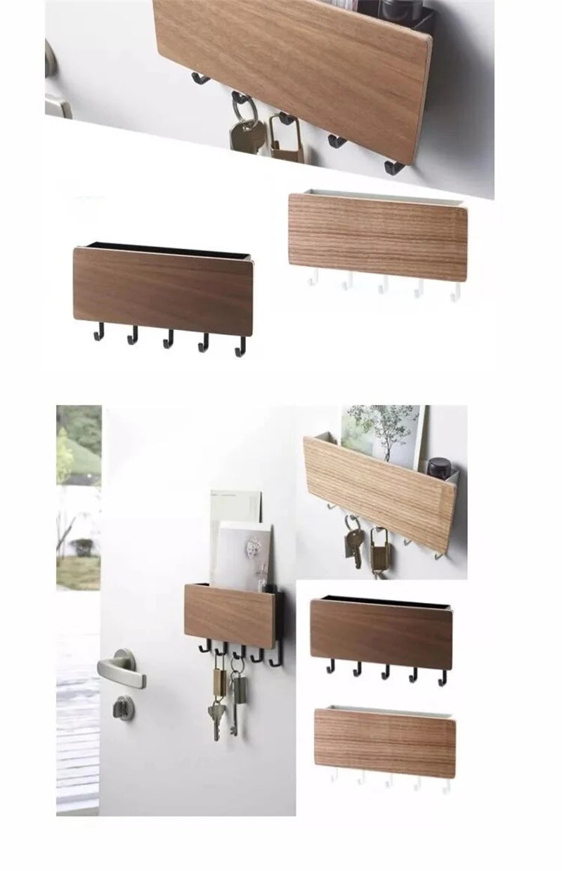 A set of bamboo wall-mounted key racks and hooks for organizing keys.