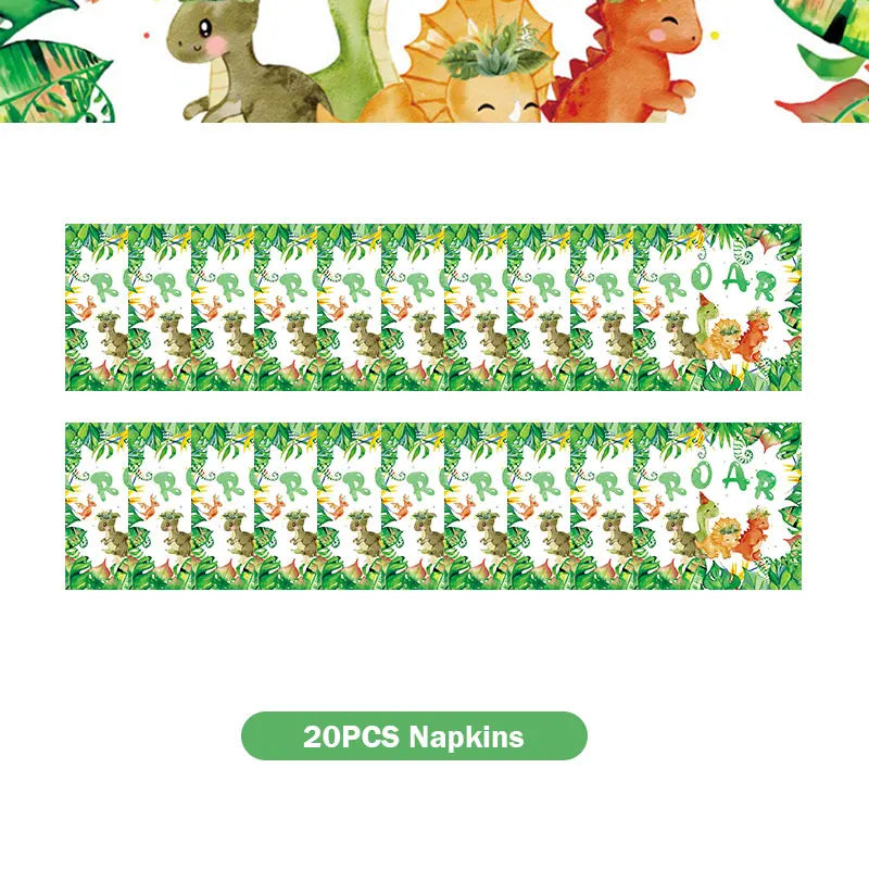 A set of dinosaur-themed napkins featuring various dinosaur illustrations and green foliage.