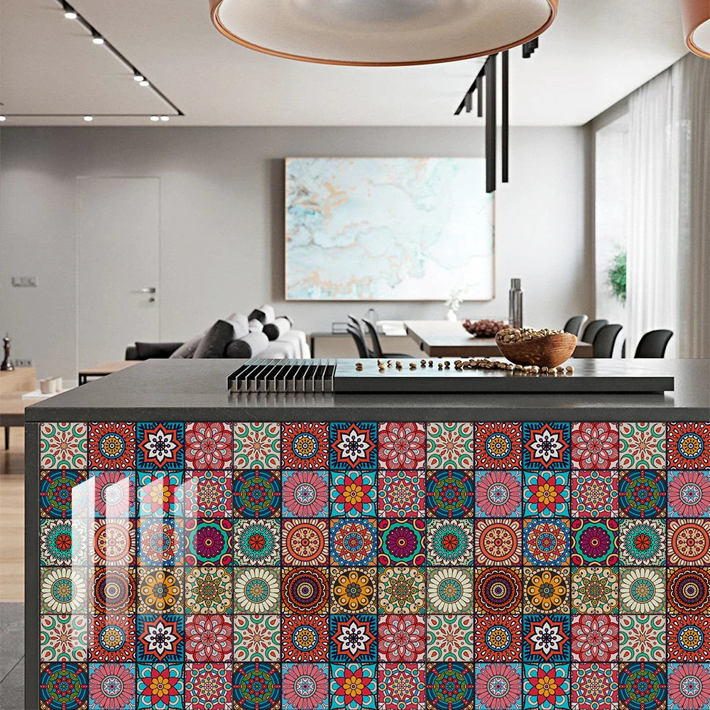 Close-up of colorful mandala peel and stick wall tiles used as a kitchen backsplash.