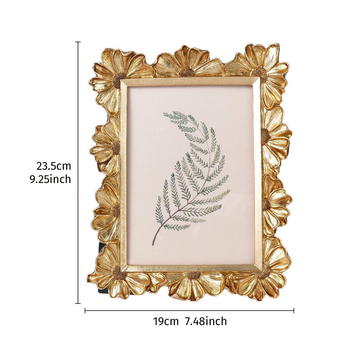 A golden 3D daisy resin photo frame with a light pink background and a green fern design.