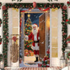 A festive door cover banner featuring Christmas Santa and an elk theme with garlands and a snowy winter scene.