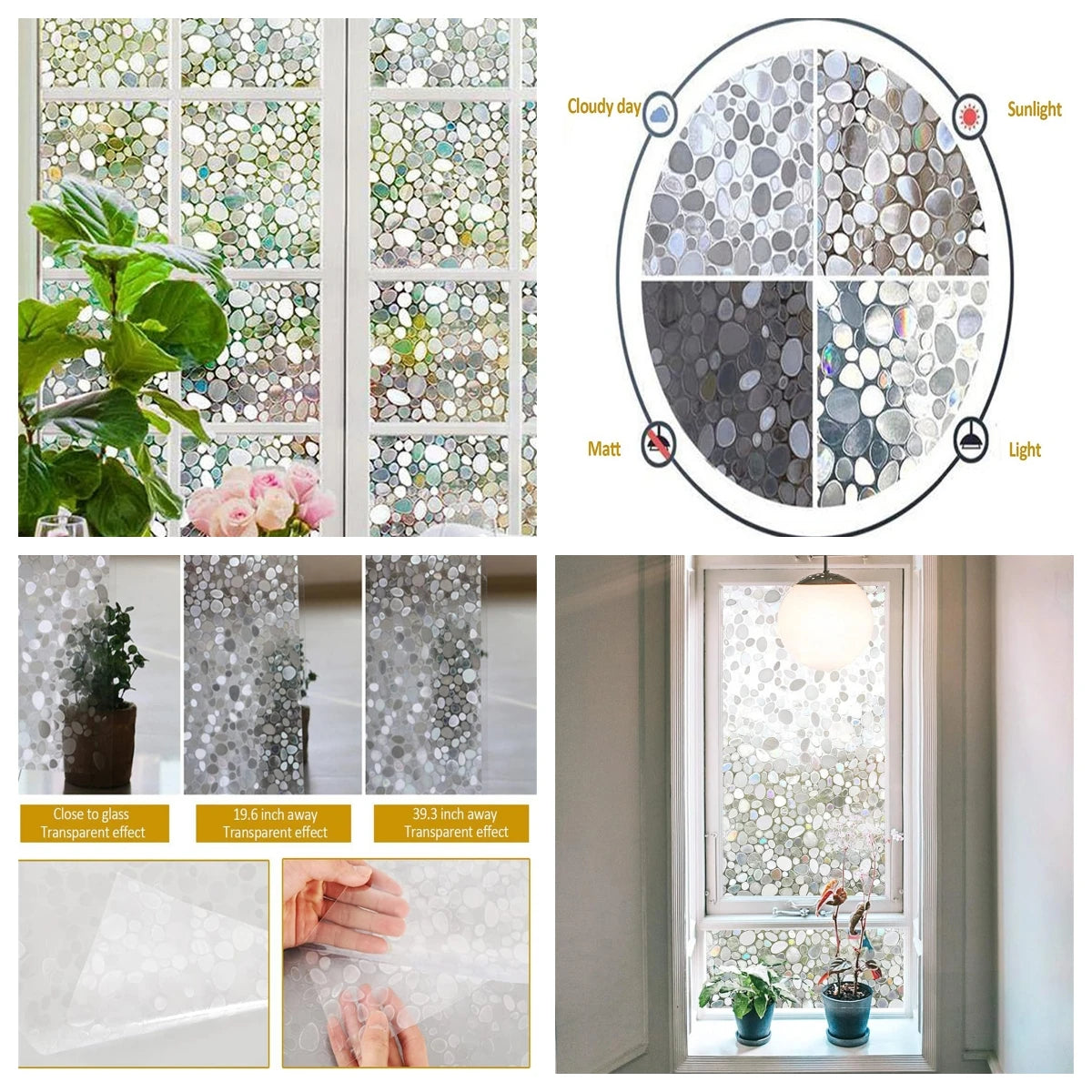 Frosted window privacy film showing various transparent effects and installation examples.