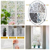 Frosted window privacy film showing various transparent effects and installation examples.