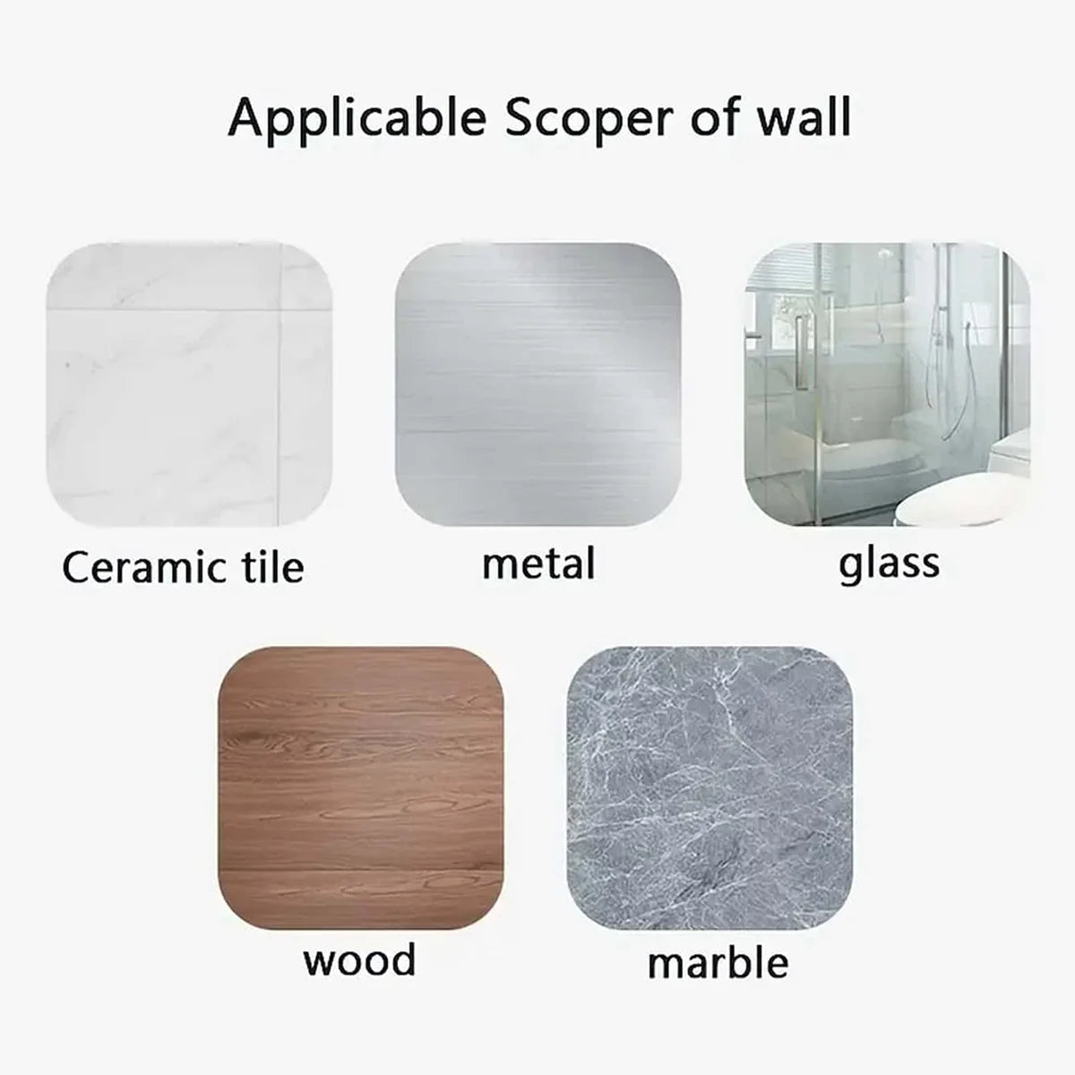 Image showing various wall materials that are applicable for self-adhesive curtain rod holders, including ceramic tile, metal