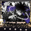 A dark tapestry featuring the Jujutsu Kaisen character Gojo Satoru with intense eyes and spiky hair.
