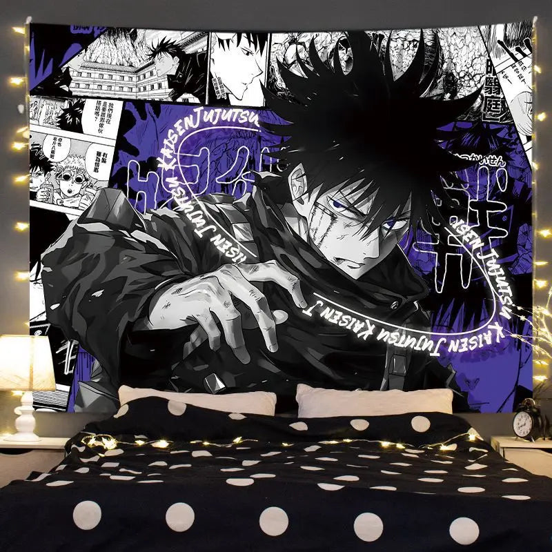 A dark tapestry featuring the Jujutsu Kaisen character Gojo Satoru with intense eyes and spiky hair.