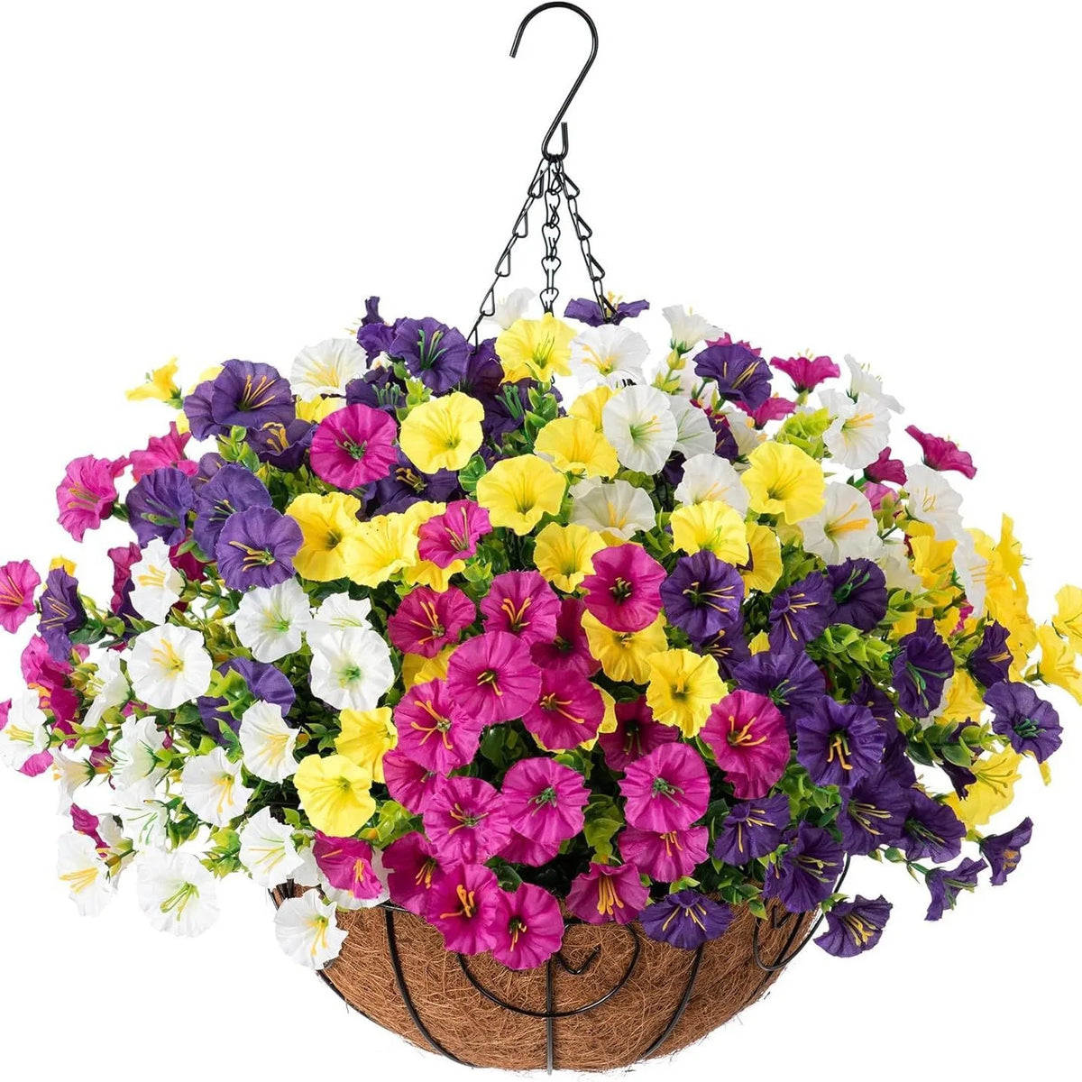 A hanging basket filled with colorful artificial eucalyptus and morning glory flowers