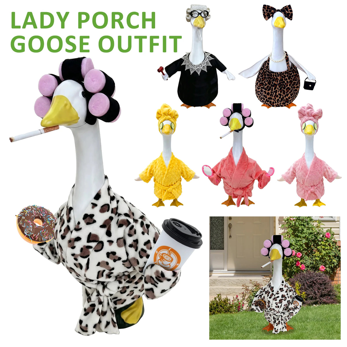 A set of decorative lawn goose costumes including a full outfit and individual headpieces