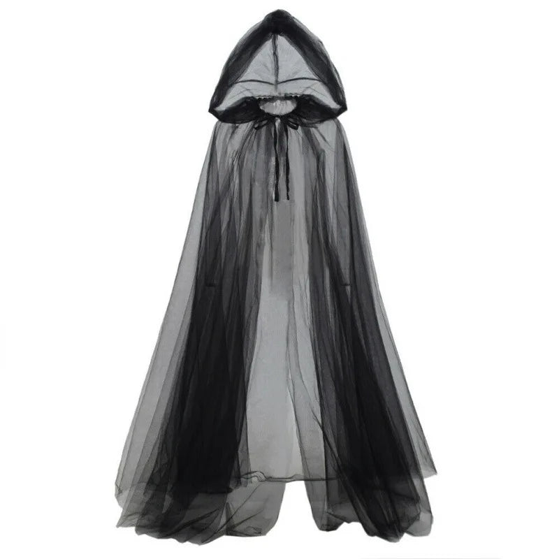 Elegante schwarze Braut-Hexe-Umhang mit Kapuze und durchscheinendem Stoff