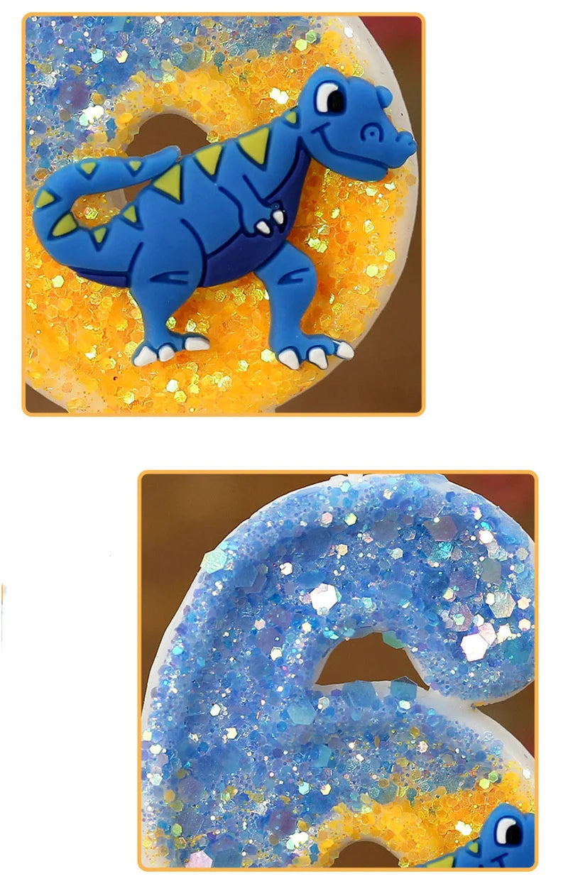A blue dinosaur shaped number six candle decorated with glitter and yellow background.