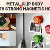 A close-up of colorful metal clip body with a strong magnetic hold, shown in various applications.