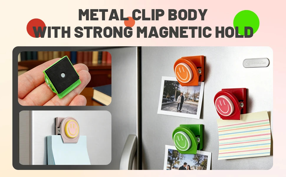 A close-up of colorful metal clip body with a strong magnetic hold, shown in various applications.