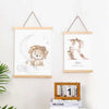 A set of two natural teak wood magnetic poster frames displaying lion and letter art on a white wall.