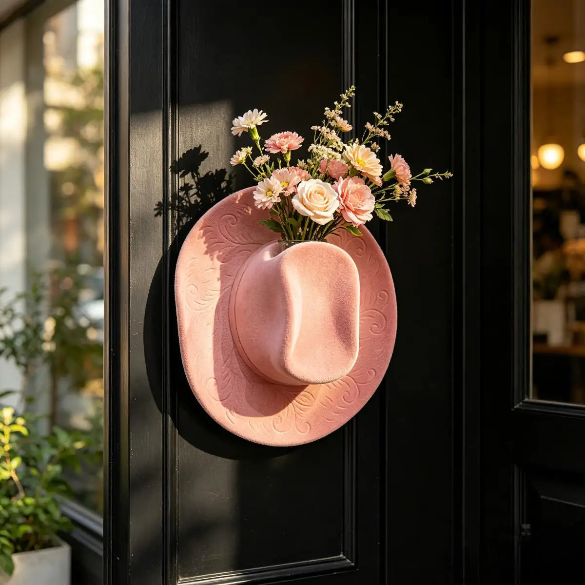 A pink suede cowboy hat with a floral arrangement is displayed on a dark door.