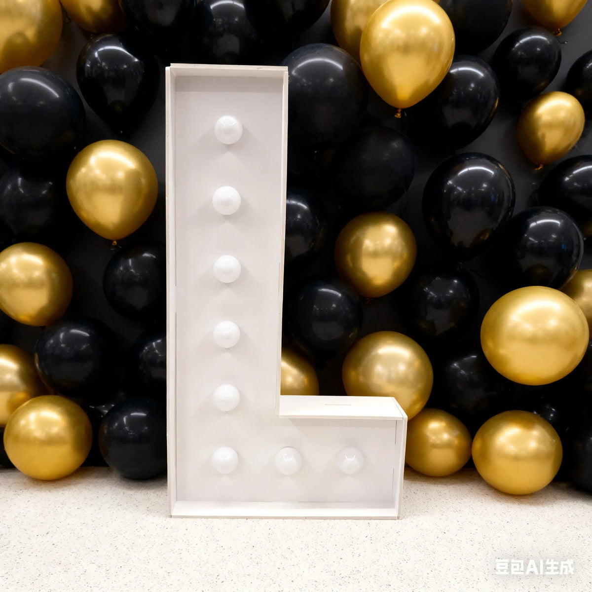 A large white marquee light-up letter is displayed against a background of gold and black balloons.