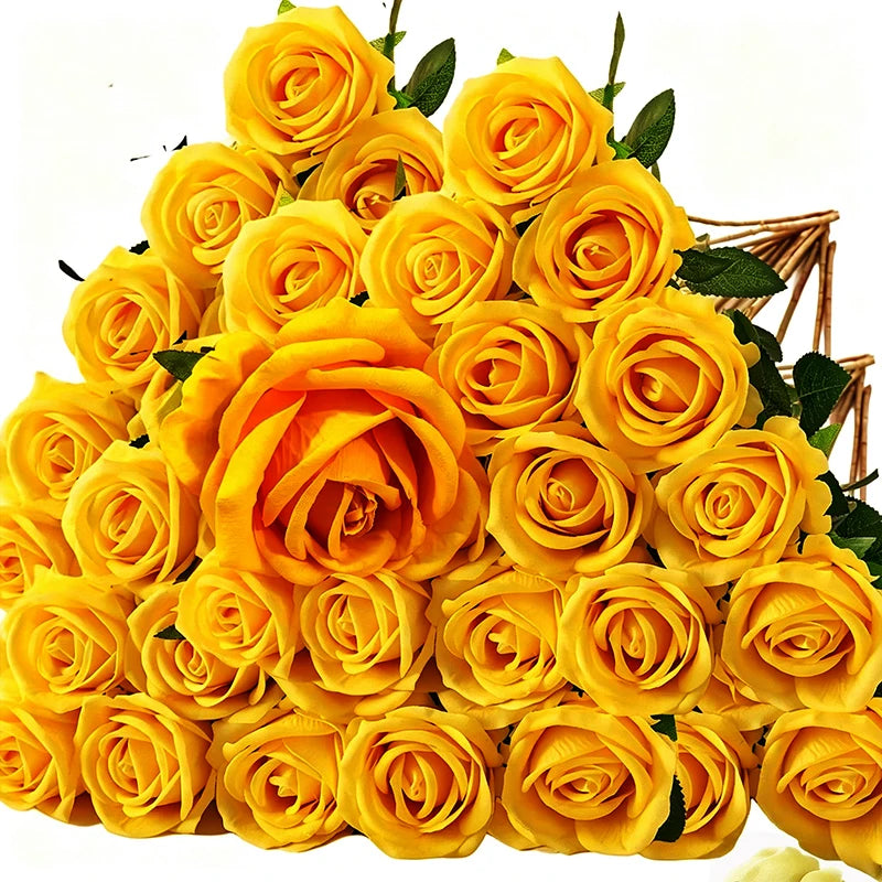 A bouquet of bright yellow velvet touch artificial roses for weddings and home decor.