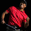 A painting of a man in a red shirt and black pants smiling while holding a golf club.