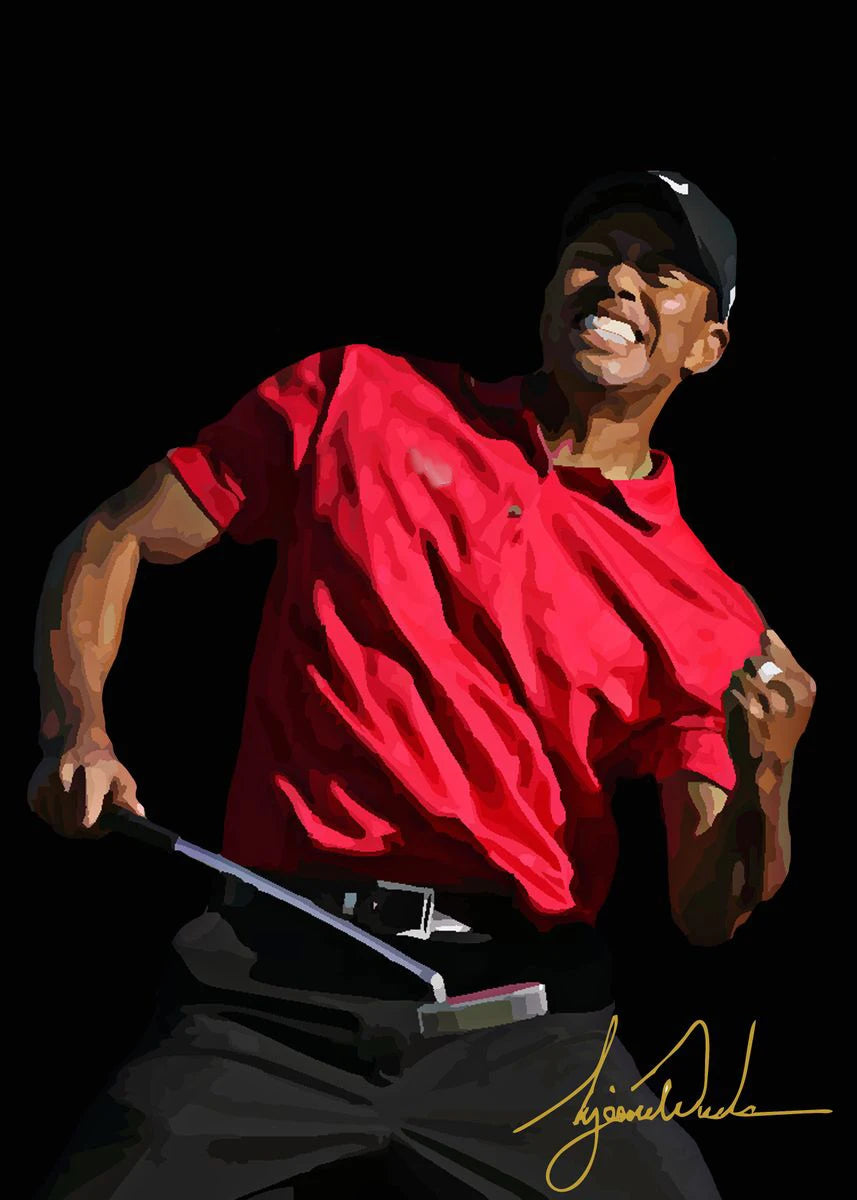 A painting of a man in a red shirt and black pants smiling while holding a golf club.