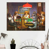 A painting depicting several dogs playing poker around a green table in a dimly lit room.