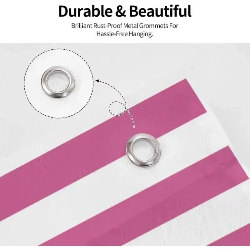 Brilliant rust-proof metal grommets used for hassle-free hanging on a pink and white striped flag tapestry.