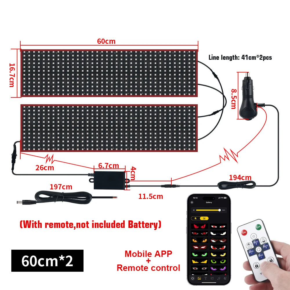 Two 60cm LED matrix display panels with remote control and mobile app connectivity