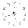 A silver-toned giant acrylic wall clock face with numbers 1 through 12 and a central pivot.