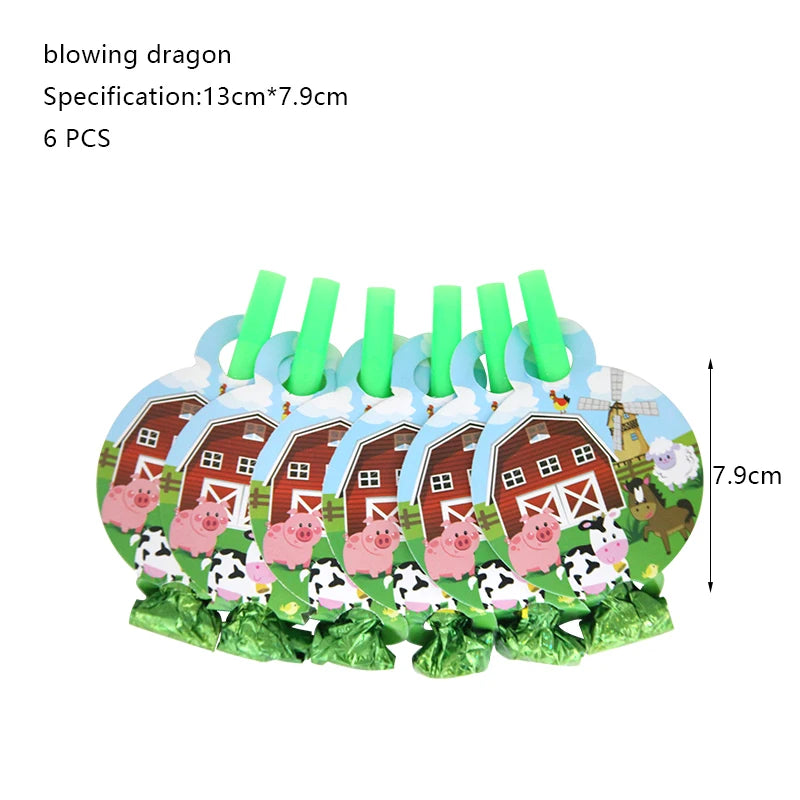 A set of six blowing dragon decorations featuring farm animals like pigs and sheep for a birthday party backdrop.