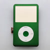 A green iPod Classic front faceplate with a circular disc visible on the bottom.