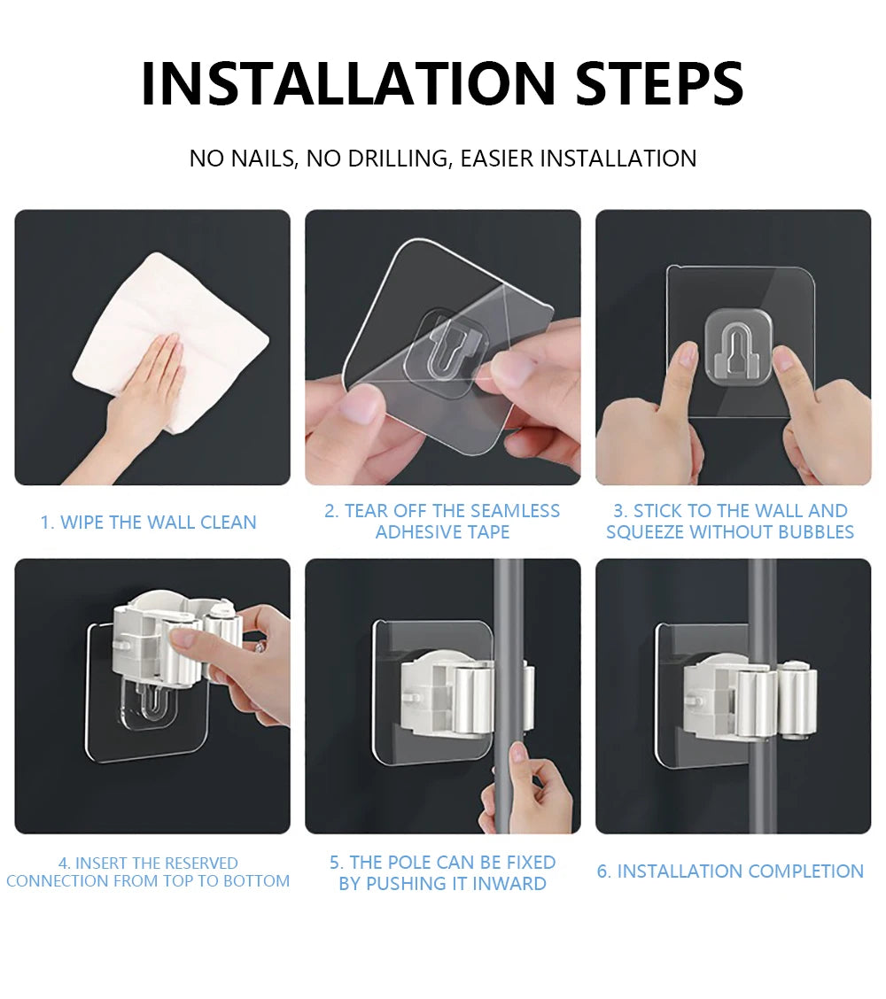 Installation steps showing how to install an adhesive wall hook for mops and brushes without nails or drilling.