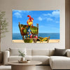 A vibrant tapestry featuring a cartoon chicken character with red feathers and yellow beak sitting in a wooden chair against 