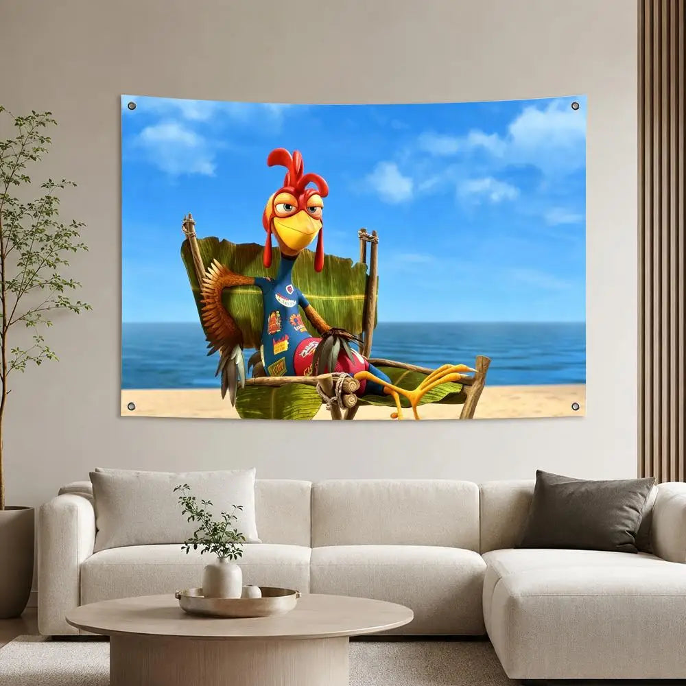 A vibrant tapestry featuring a cartoon chicken character with red feathers and yellow beak sitting in a wooden chair against 
