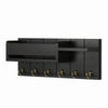 A black wooden key holder with six hooks and a mail sorter slot.